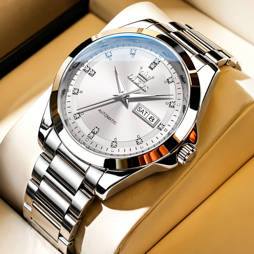 OLEVS 7136 Silver White watch studio closeup