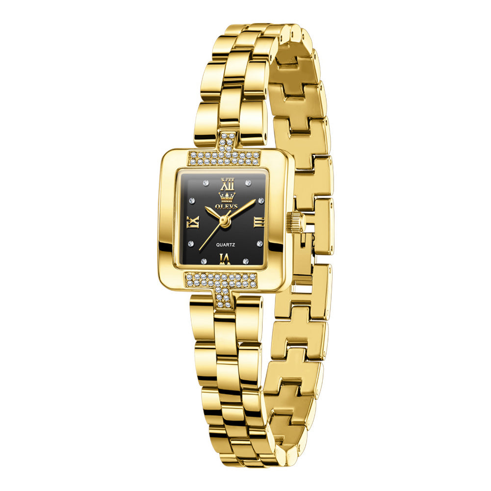 Front view of OLEVS 7141 gold tone women's watch with black dial