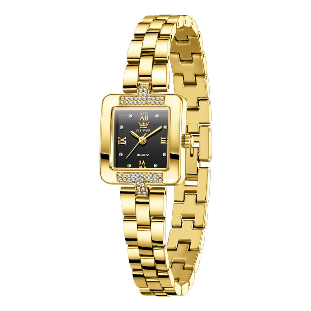 Front view of OLEVS 7141 gold tone women's watch with black dial