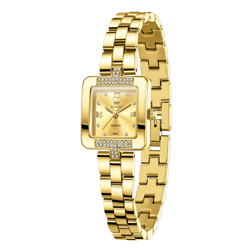 Front view of OLEVS 7141 gold tone women's watch with champagne dial