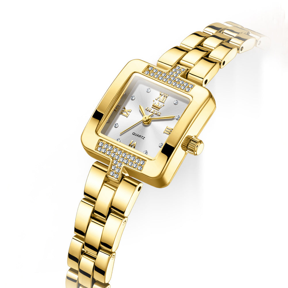 OLEVS 7141 gold tone women's square quartz watch with white dial