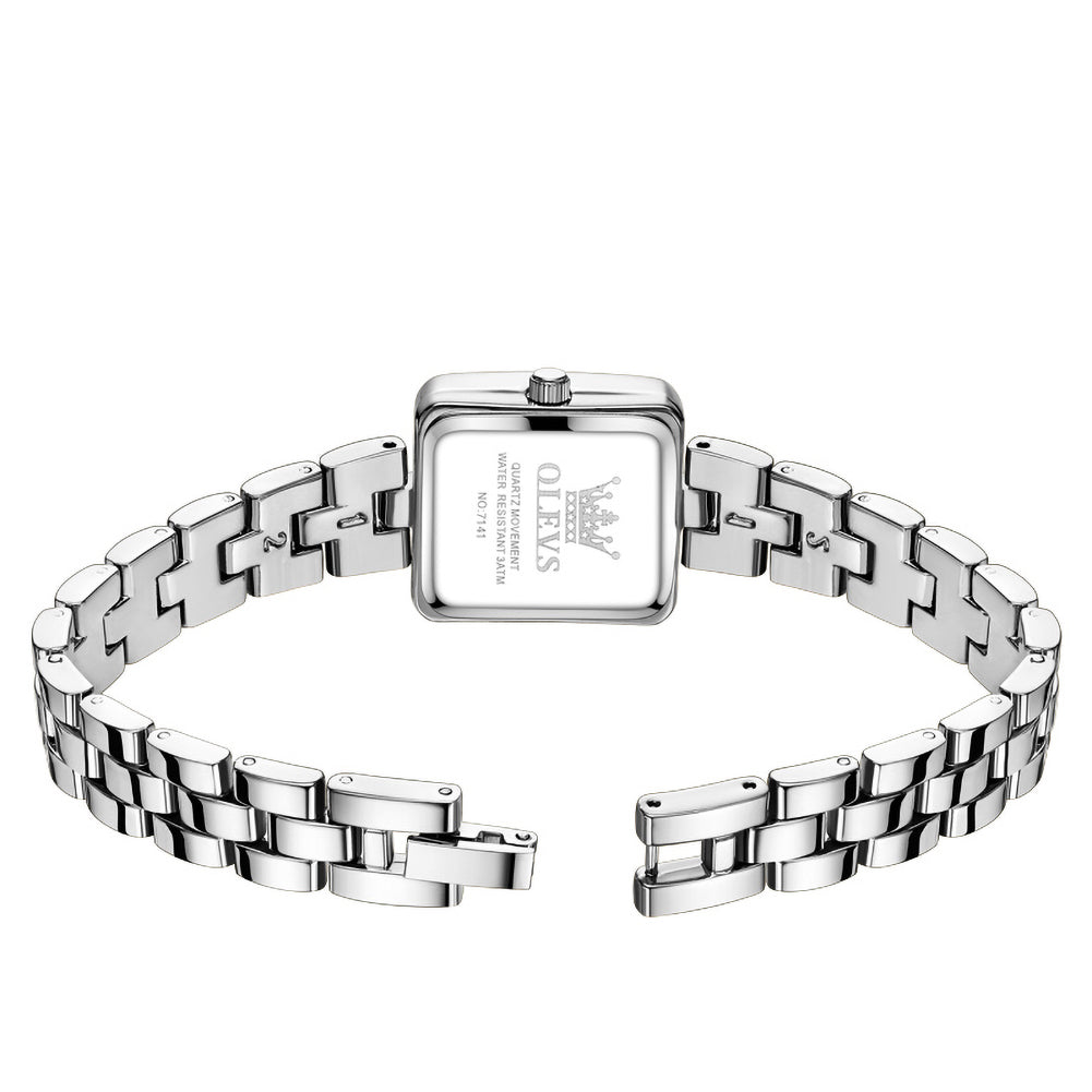 Rear view of OLEVS 7141 silver stainless steel bracelet and case back