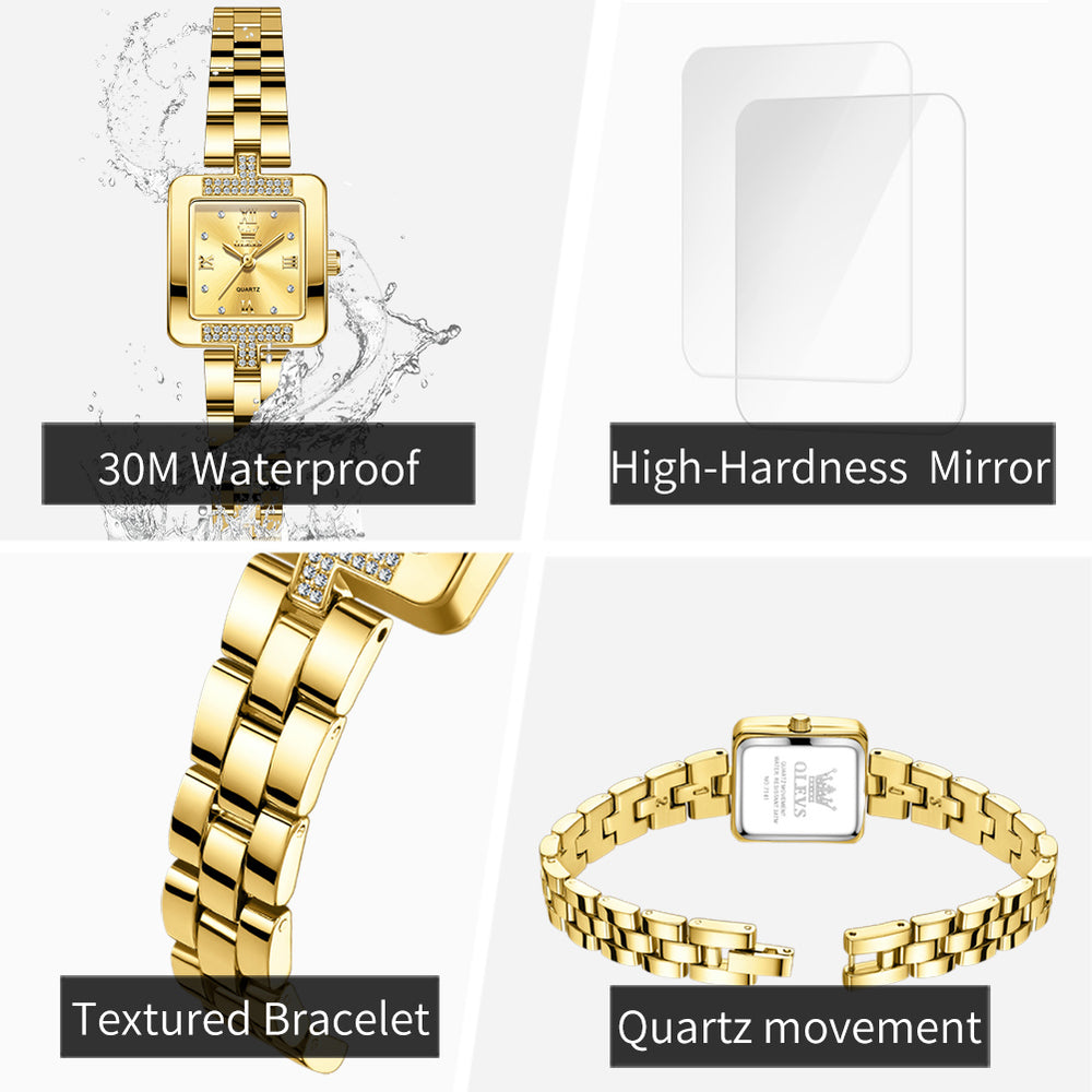 OLEVS 7141 watch features including quartz movement stainless steel and 30M resistance