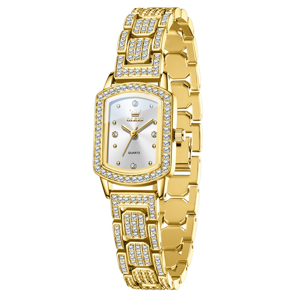 OLEVS 7142 gold tone women's quartz watch with silver dial and zirconia accents