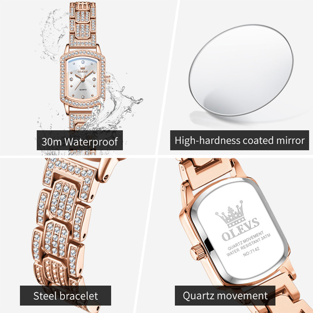 OLEVS 7142 quartz watch features including coated glass steel bracelet and 3 ATM resistance