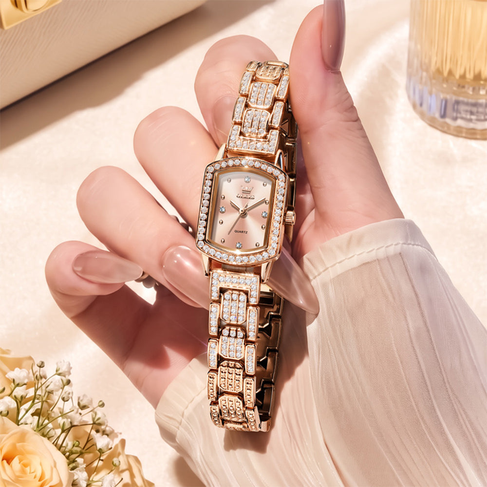 Rose gold OLEVS 7142 women's quartz watch displayed in hand
