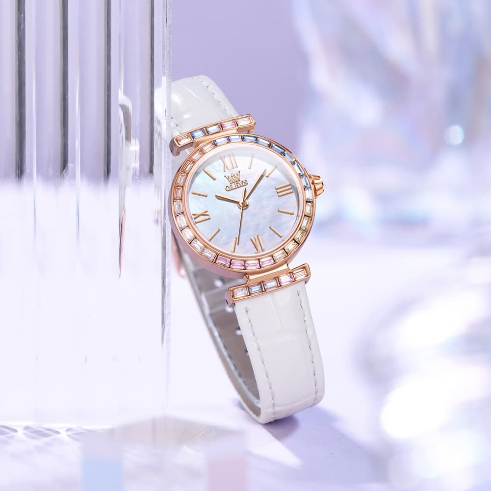 OLEVS 9007 Rainbow Bezel Mother of Pearl Leather Quartz Watch for Women - Rose Gold White Watch | Olevs Watch Store