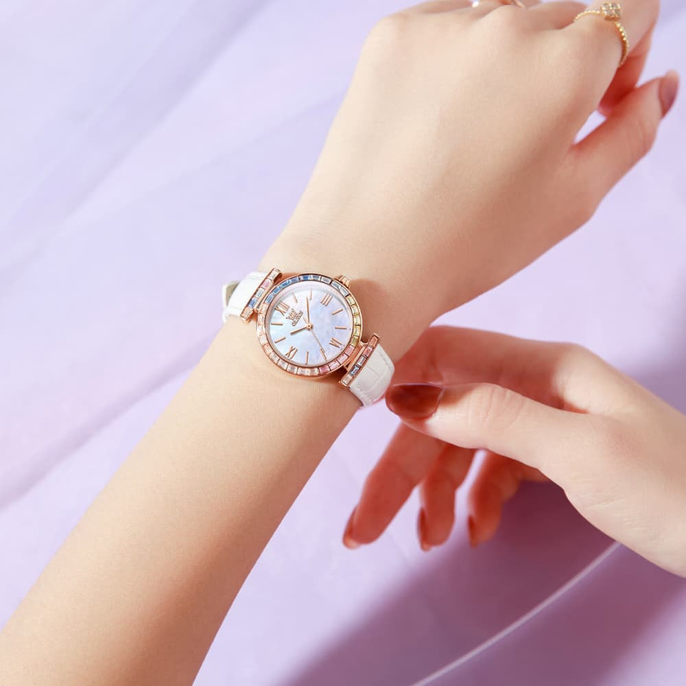 OLEVS 9007 Rainbow Bezel Mother of Pearl Leather Quartz Watch for Women - Rose Gold White Watch | Olevs Watch Store