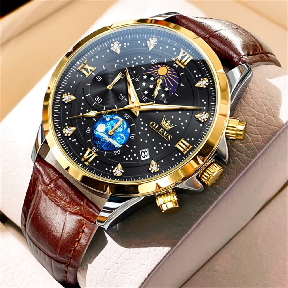OLEVS 9807 Starry Moon Phase Chronograph Quartz Watch for Men - Brown Leather Black Gold Watch | Olevs Watch Store