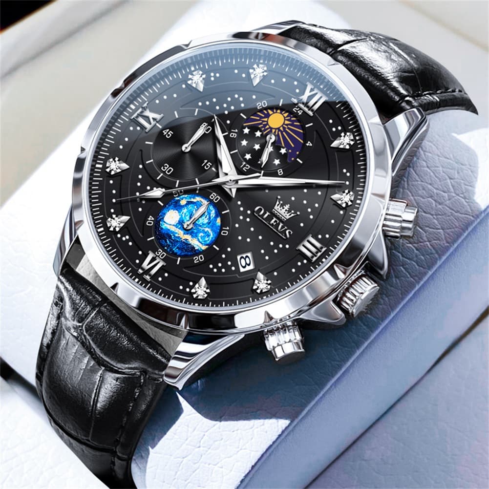 OLEVS 9807 Starry Moon Phase Chronograph Quartz Watch for Men - Black Leather Black Silver Watch | Olevs Watch Store