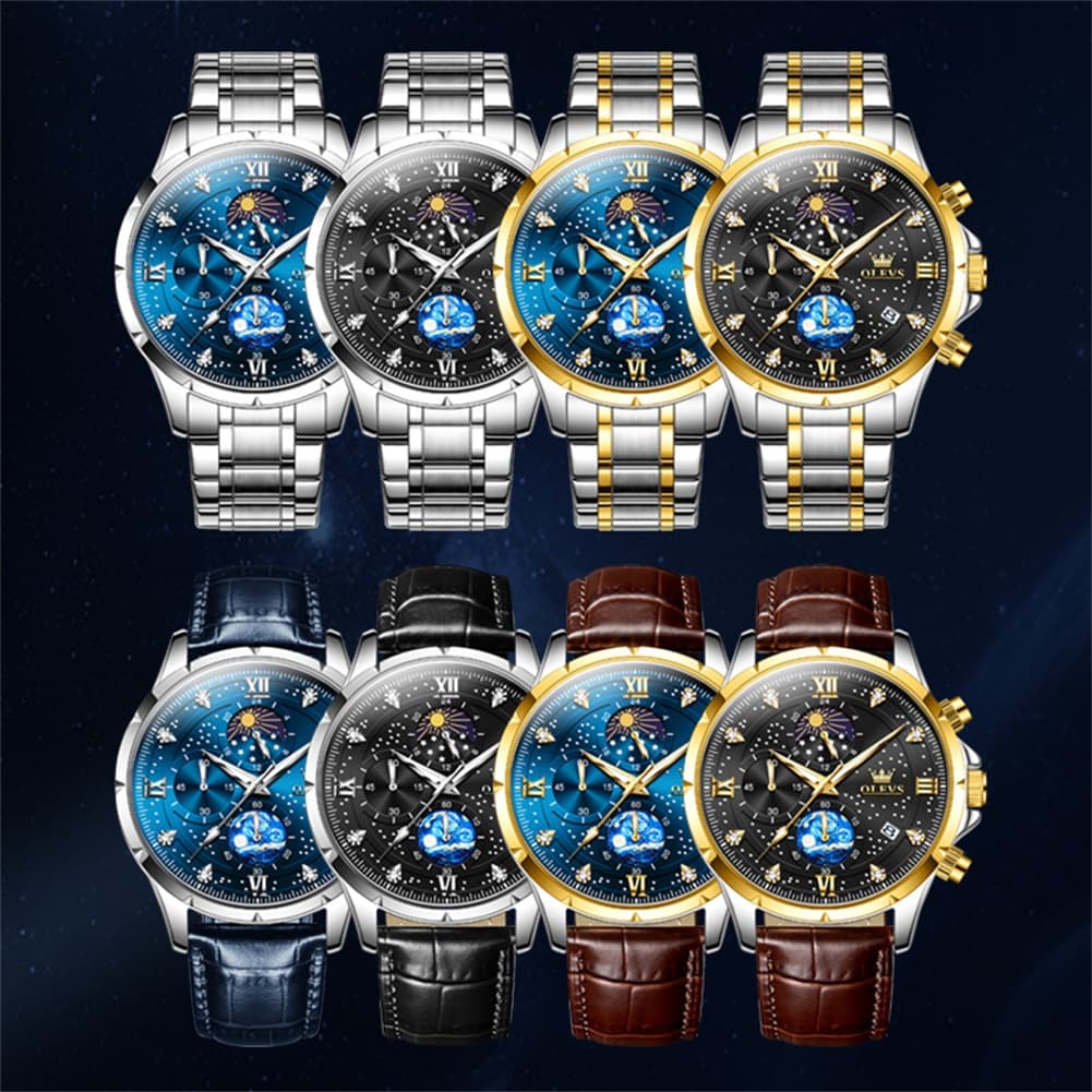 OLEVS 9807 Starry Moon Phase Chronograph Quartz Watch for Men - Black Leather Black Silver Watch | Olevs Watch Store