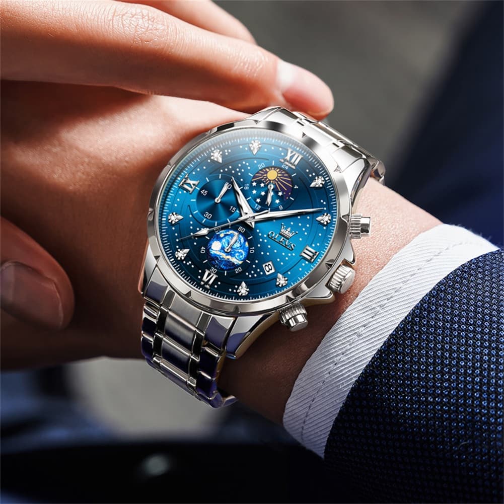 OLEVS 9807 Starry Moon Phase Chronograph Quartz Watch for Men - Two Tone Gold Blue Steel Watch | Olevs Watch Store