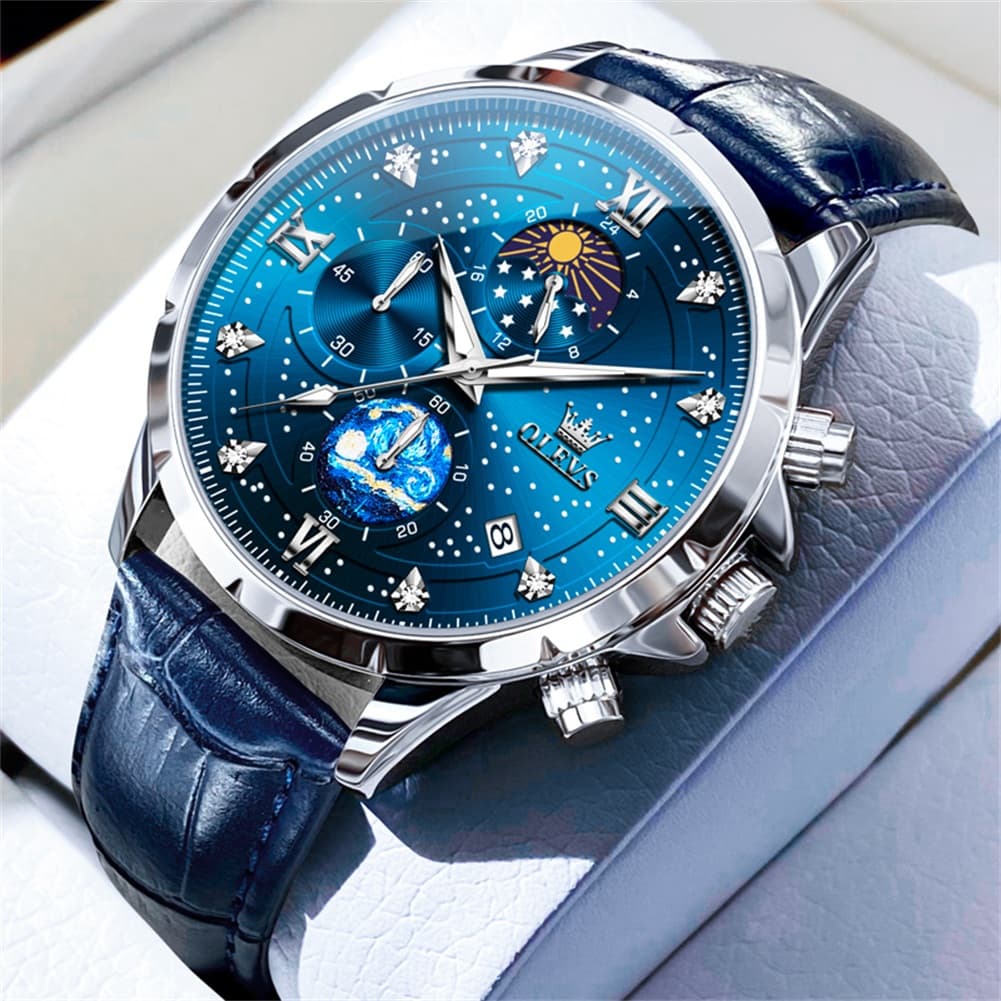 OLEVS 9807 Starry Moon Phase Chronograph Quartz Watch for Men - Blue Leather Blue Silver Watch | Olevs Watch Store