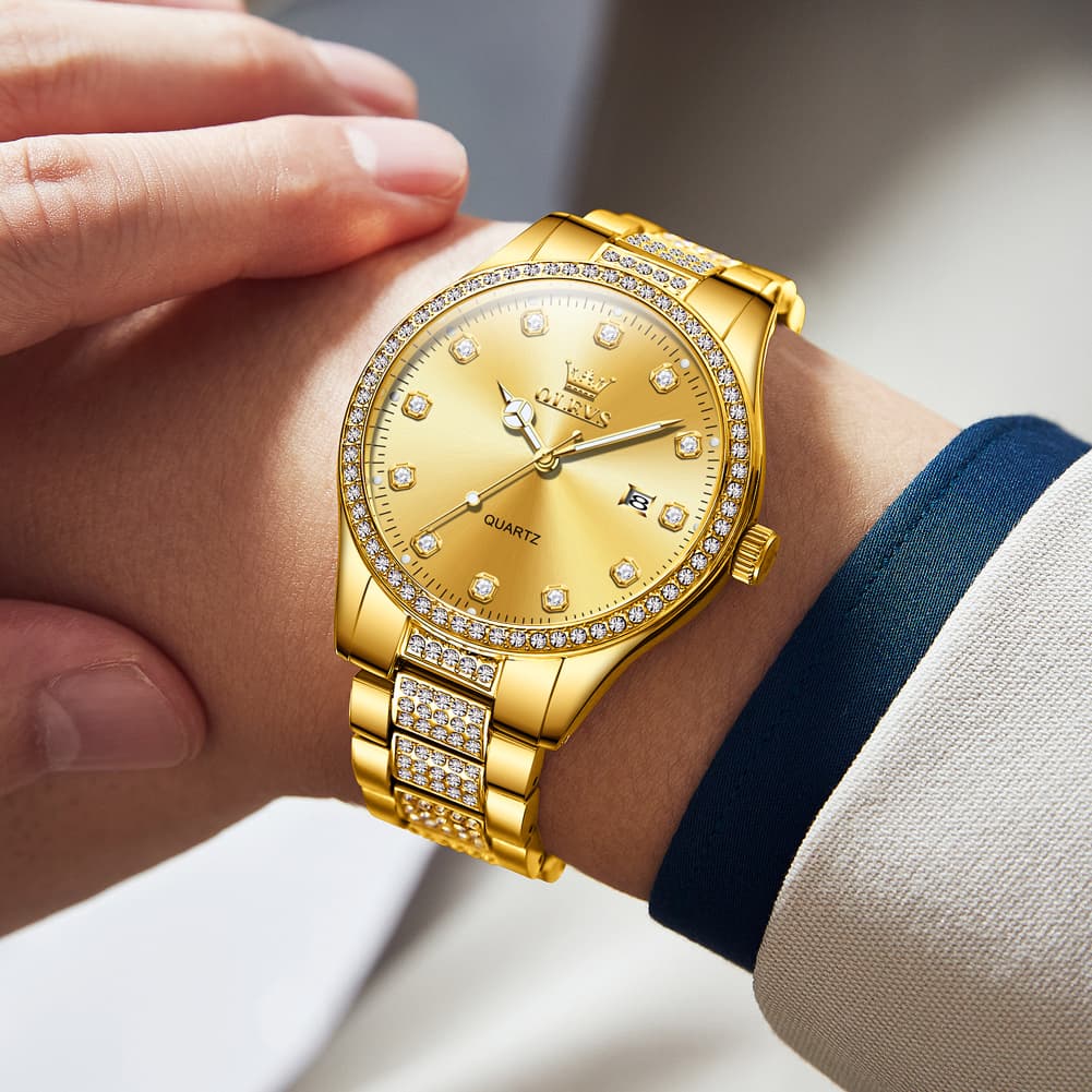 OLEVS 9905 Diamond Bezel Luxury Dress Quartz Watch for Men - All Gold Watch | Olevs Watch Store