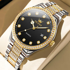 OLEVS 9905 Diamond Bezel Luxury Dress Quartz Watch for Men - Two Tone Gold Black Watch | Olevs Watch Store