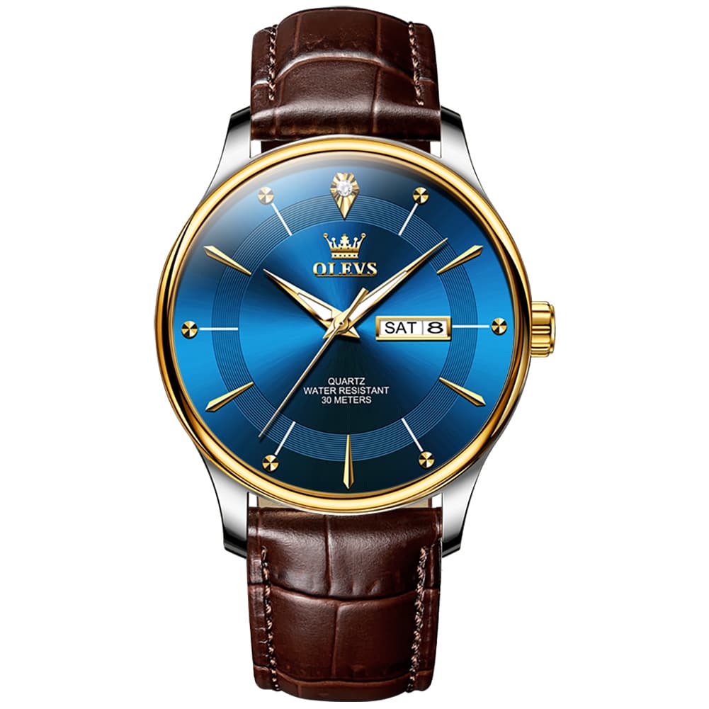 OLEVS 9908 Diamond Accent Day Date Quartz Watch for Men - Brown Leather Blue Dial Watch | Olevs Watch Store