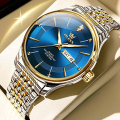 OLEVS 9908 Diamond Accent Day Date Quartz Watch for Men - Two Tone Blue Steel Watch | Olevs Watch Store