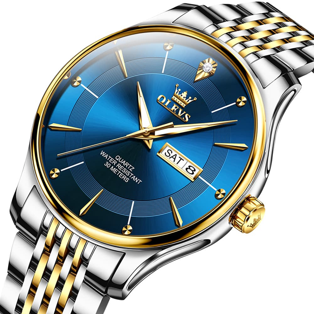 OLEVS 9908 Diamond Accent Day Date Quartz Watch for Men - Brown Leather Gold Dial Watch | Olevs Watch Store