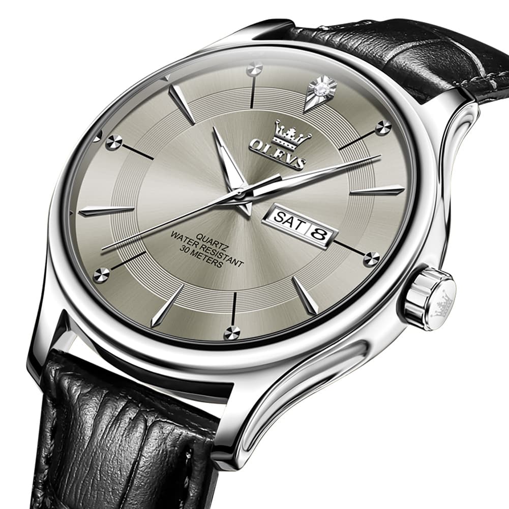 OLEVS 9908 Diamond Accent Day Date Quartz Watch for Men - Brown Leather Gold Dial Watch | Olevs Watch Store