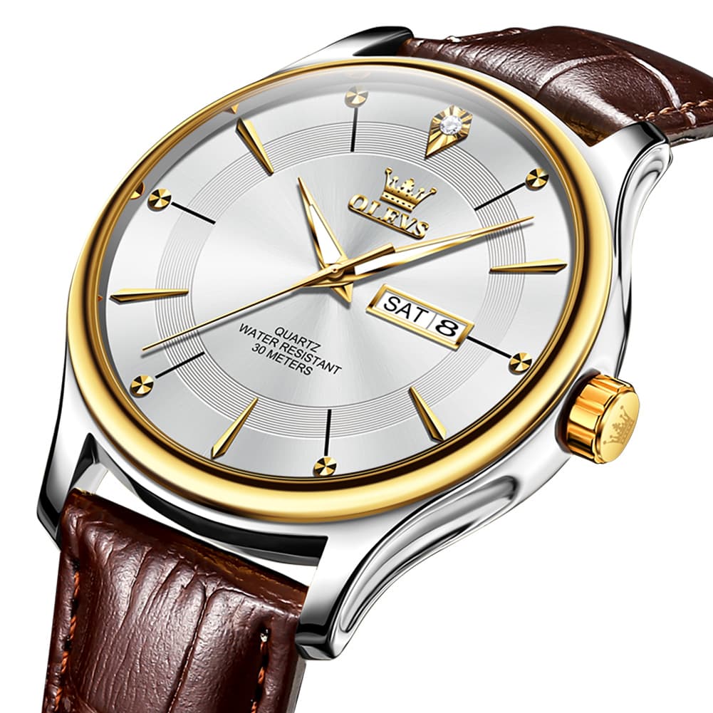 OLEVS 9908 Diamond Accent Day Date Quartz Watch for Men - Brown Leather Gold Dial Watch | Olevs Watch Store