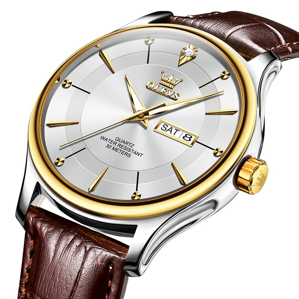 OLEVS 9908 Diamond Accent Day Date Quartz Watch for Men - Brown Leather Gold Dial Watch | Olevs Watch Store