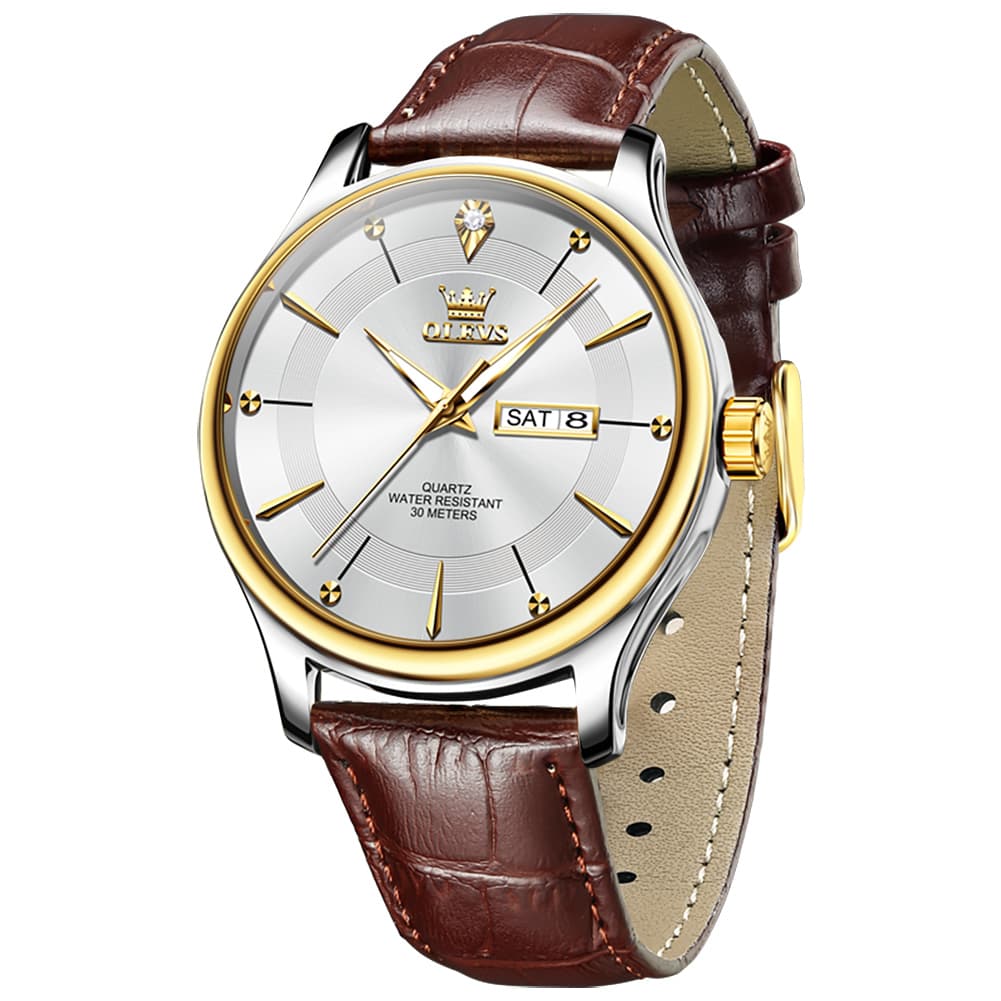 OLEVS 9908 Diamond Accent Day Date Quartz Watch for Men - Brown Leather Gold Dial Watch | Olevs Watch Store