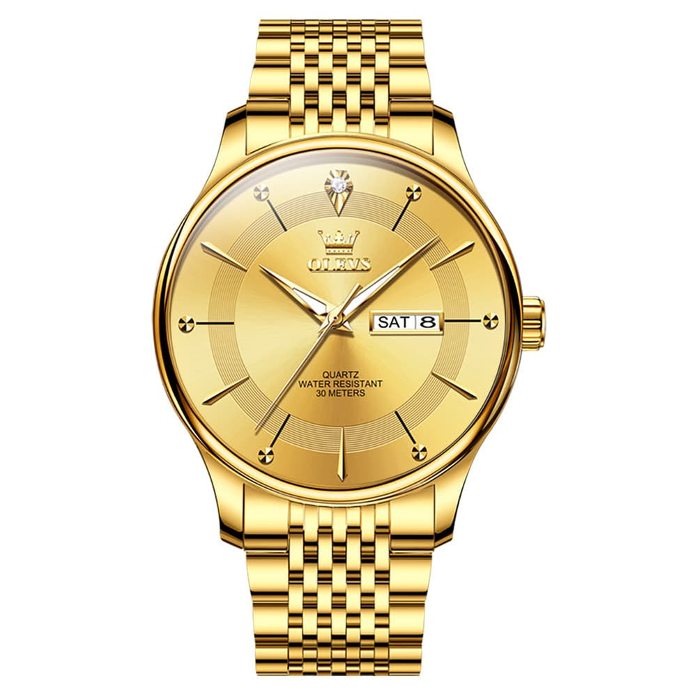 OLEVS 9908 Diamond Accent Day Date Quartz Watch for Men - Brown Leather Gold Dial Watch | Olevs Watch Store