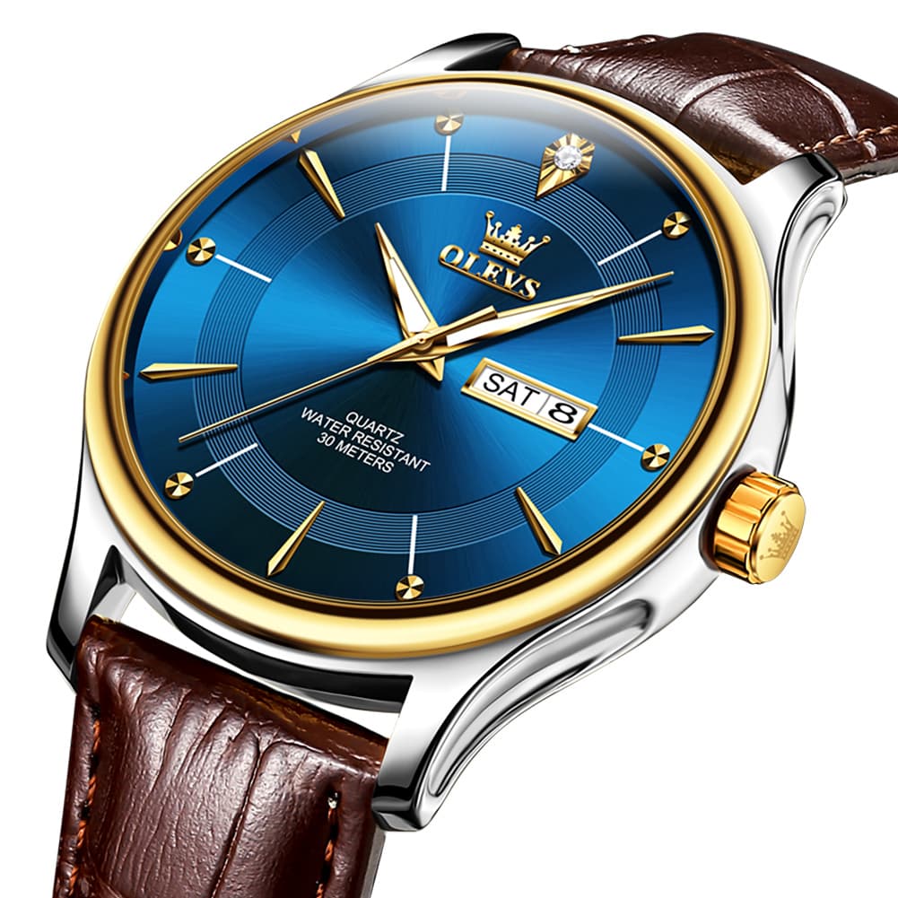 OLEVS 9908 Diamond Accent Day Date Quartz Watch for Men - Brown Leather Gold Dial Watch | Olevs Watch Store
