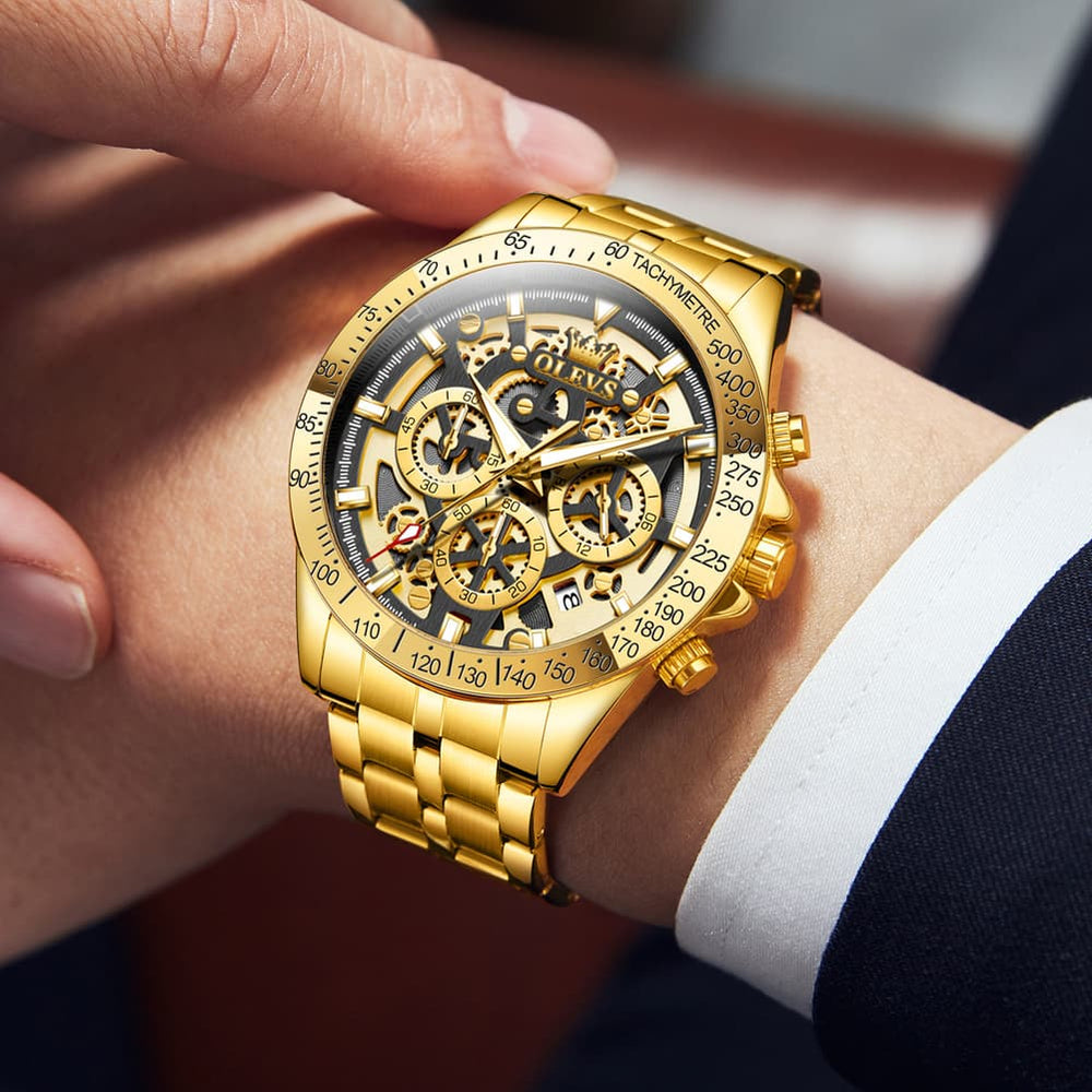 OLEVS 9913 Skeleton Dial Chronograph Gold Quartz Watch for Men - All Gold Dial Watch | Olevs Watch Store