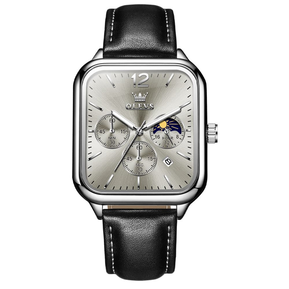 OLEVS 9914 Square Case Moon Phase Chronograph Watch for Men - All Black Leather Watch | Olevs Watch Store