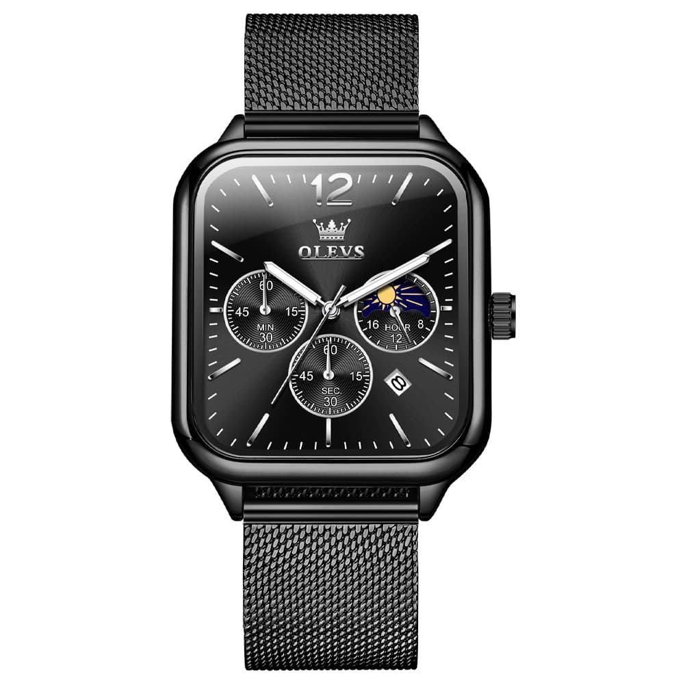 OLEVS 9914 Square Case Moon Phase Chronograph Watch for Men - All Black Leather Watch | Olevs Watch Store