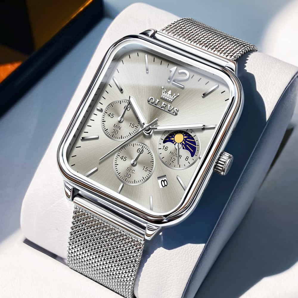 OLEVS 9914 Square Case Moon Phase Chronograph Watch for Men - Silver Mesh Gray Dial Watch | Olevs Watch Store