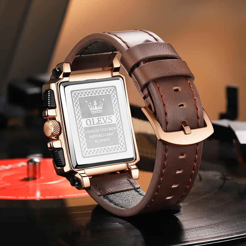 OLEVS 9919 Large Square Chronograph Leather Watch for Men - Rose Gold Blue Leather Watch | Olevs Watch Store