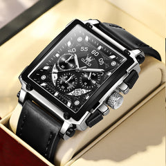 OLEVS 9919 Large Square Chronograph Leather Watch for Men - Silver Black Leather Watch | Olevs Watch Store