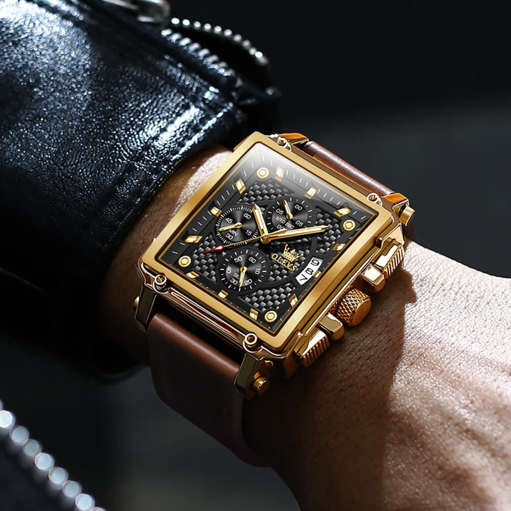 OLEVS 9925 Riveted Square Chronograph Watch for Men - Black Leather Black Dial Watch | Olevs Watch Store