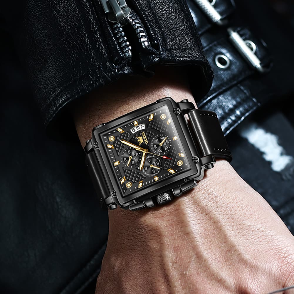 OLEVS 9925 Riveted Square Chronograph Watch for Men - Black Leather Black Dial Watch | Olevs Watch Store