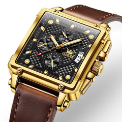 OLEVS 9925 Riveted Square Chronograph Watch for Men - Brown Leather Black Dial Watch | Olevs Watch Store