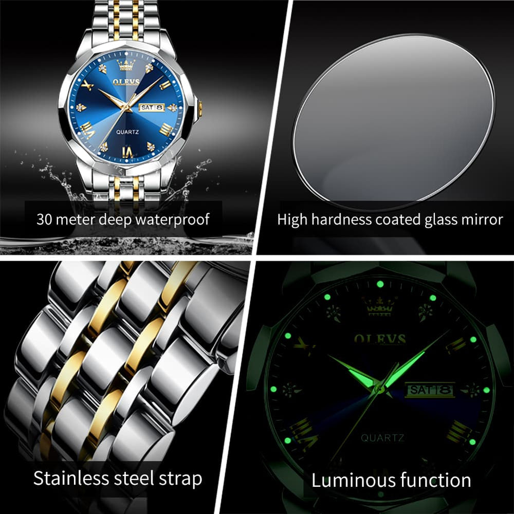 OLEVS 9931 Classic Diamond Stainless Steel Watch for Men - Silver Black Watch | Olevs Watch Store