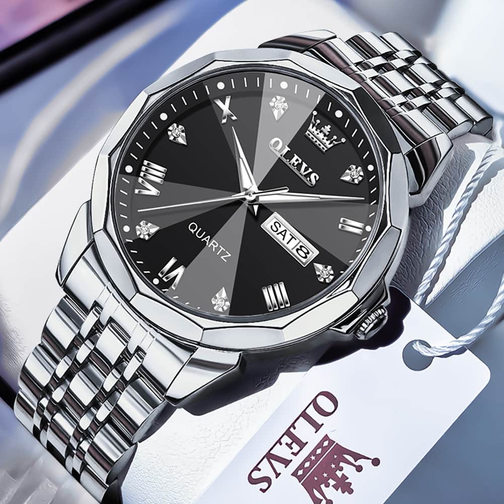OLEVS 9931 Classic Diamond Stainless Steel Watch for Men - Silver Black Watch | Olevs Watch Store