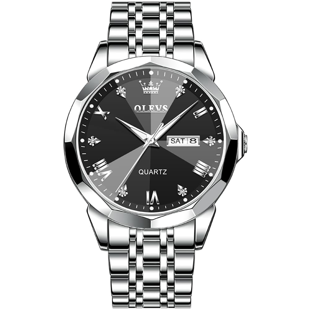 OLEVS 9931 Classic Diamond Stainless Steel Watch for Men - Silver Black Watch | Olevs Watch Store