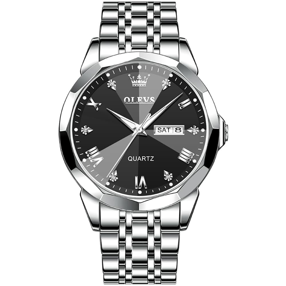OLEVS 9931 Classic Diamond Stainless Steel Watch for Men - Silver Black Watch | Olevs Watch Store