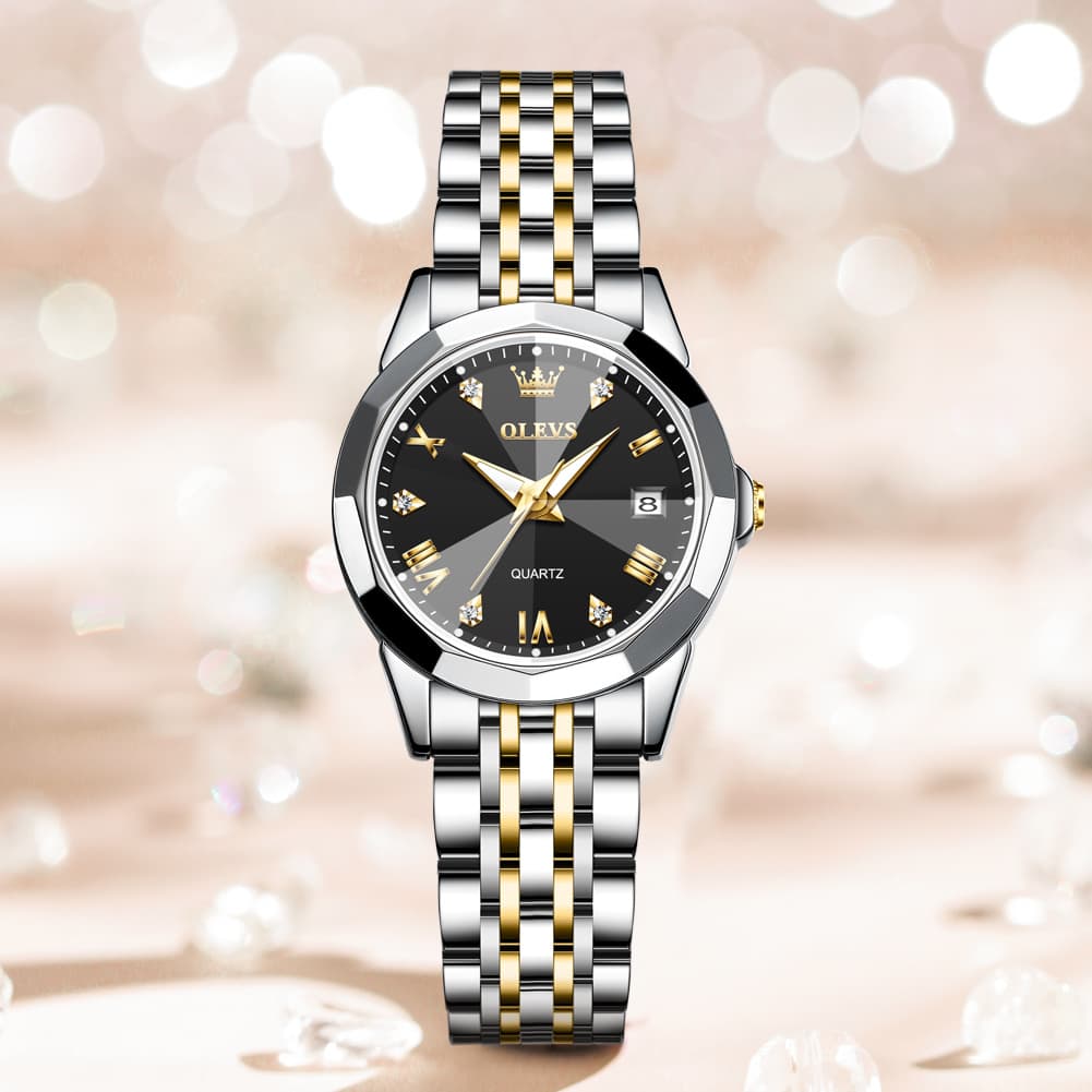OLEVS 9931 Elegant Diamond Stainless Steel Quartz Watch for Women - Two-Tone Black Watch | Olevs Watch Store