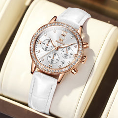 OLEVS 9933 Crystal Bezel Chronograph Leather Watch for Women - Rose Gold White Leather Watch | Olevs Watch Store