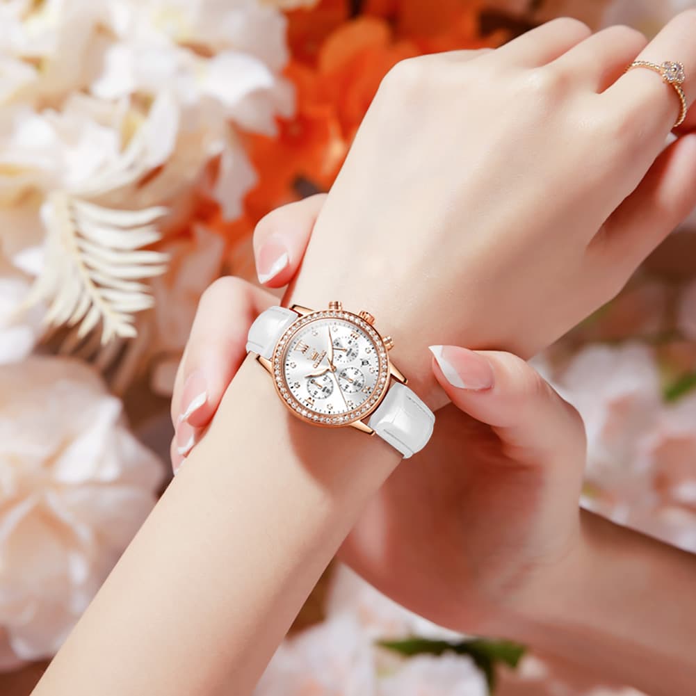 OLEVS 9933 Crystal Bezel Chronograph Leather Watch for Women - Silver Red Leather Watch | Olevs Watch Store