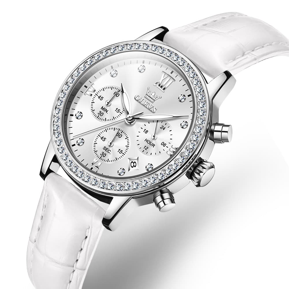 OLEVS 9933 Crystal Bezel Chronograph Leather Watch for Women - Silver Red Leather Watch | Olevs Watch Store