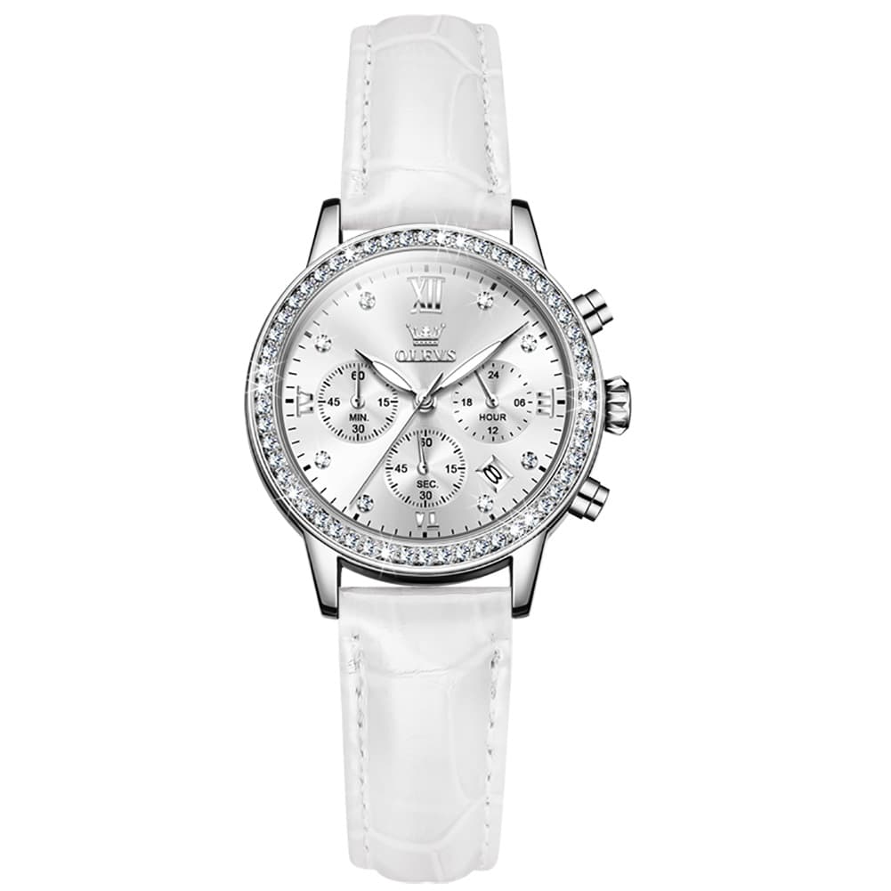 OLEVS 9933 Crystal Bezel Chronograph Leather Watch for Women - Silver Red Leather Watch | Olevs Watch Store