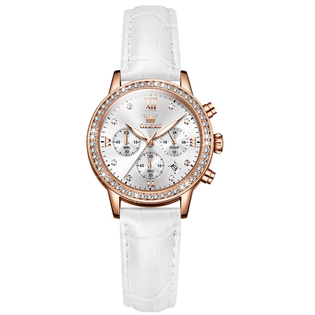 OLEVS 9933 Crystal Bezel Chronograph Leather Watch for Women - Silver Red Leather Watch | Olevs Watch Store