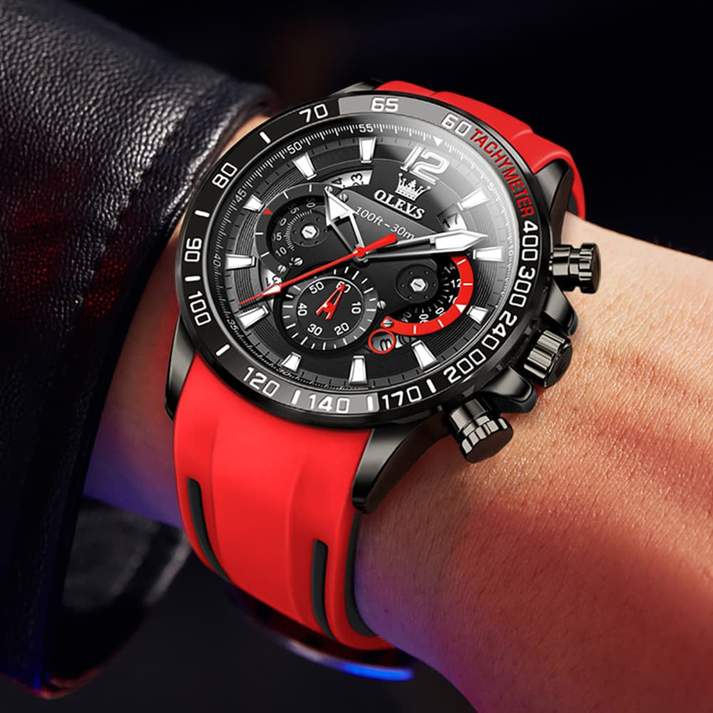 OLEVS 9936 Silicone Strap Racing Chronograph Watch for Men - Black Red Silicone Watch | Olevs Watch Store