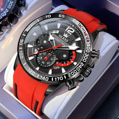 OLEVS 9936 Silicone Strap Racing Chronograph Watch for Men - Black Red Silicone Watch | Olevs Watch Store