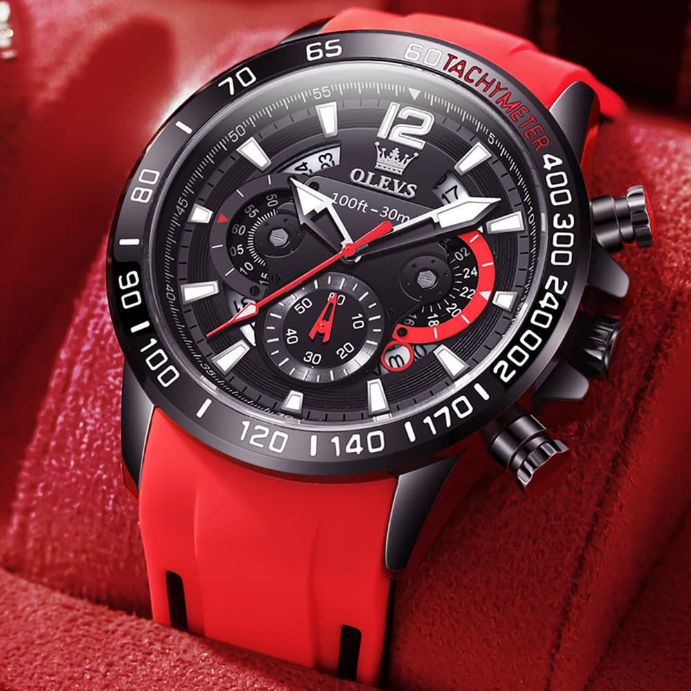 OLEVS 9936 Silicone Strap Racing Chronograph Watch for Men - Black Red Silicone Watch | Olevs Watch Store